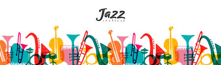 Jazz Festival web banner template illustration of colorful doodle cartoon music instrument. Includes piano, saxophone, trumpet and more.のイラスト素材