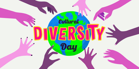 World Cultural Diversity web banner of colorful diverse people hands mixed together for teamwork concept. 21 may international holiday event design.のイラスト素材