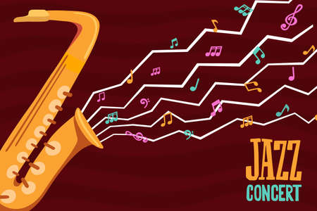 Jazz concert event illustration of colorful cartoon saxophone music instrument with musical note symbol background.のイラスト素材