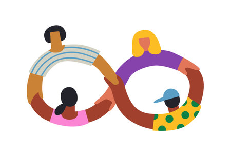 Diverse people group holding hands together making infinite symbol shape. Cooperation support or...