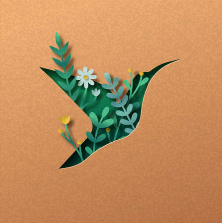 Wild bird animal papercut illustration concept with green leaf and flower garden inside. 3D Wildlife cutout craft in recycled paper background. Fauna conservation design.のイラスト素材