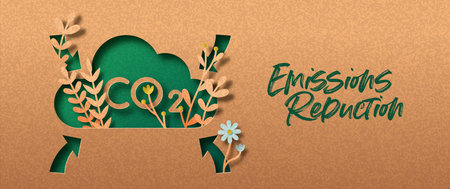 CO2 air pollution emission reduction papercut web banner concept. Green eco friendly carbon dioxide sign in 3d paper cut craft style with plant leaf and flowers on recycled texture background.のイラスト素材