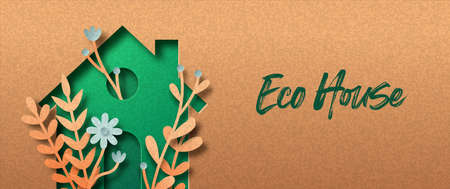 Eco house papercut illustration banner with green leaf and flower garden inside. 3D clean energy home cutout craft in recycled paper background. Sustainable architecture or real estate design.のイラスト素材
