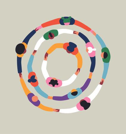 Big group of people holding hands together making round circle shape. Colorful diverse friend team...