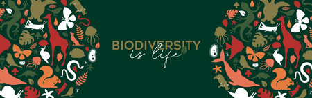 Wild animal icon shape illustration banner with biodiversity life text quote. Diverse animals shapes...