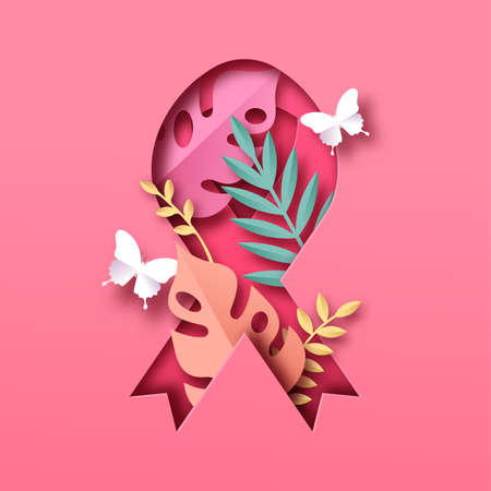 Breast Cancer Awareness illustration concept. Pink ribbon in modern 3D papercut style with tropical summer leaf decoration. Disease prevention campaign or women health care.のイラスト素材