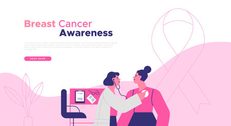 Breast Cancer Awareness web template illustration of woman in doctor office consultation, disease prevention concept. Medical care design for october event with copy space.のイラスト素材