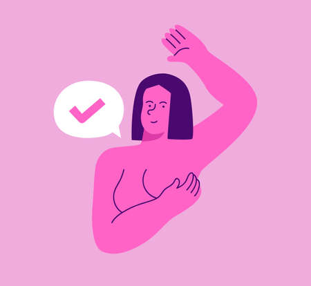 Woman doing self examination in modern flat pink cartoon style. Isolated background medical concept illustration for breast cancer prevention campaign.のイラスト素材