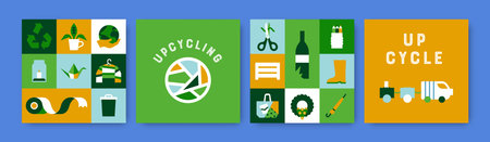 Upcycling eco friendly card illustration set of different DIY upcycle decoration in flat geometric...