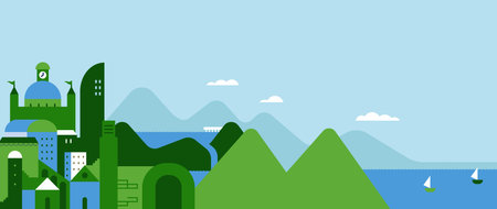 Green city landscape with mountain, river and blue sky view. Modern flat geometric cartoon of peaceful eco friendly town, includes copy space.のイラスト素材