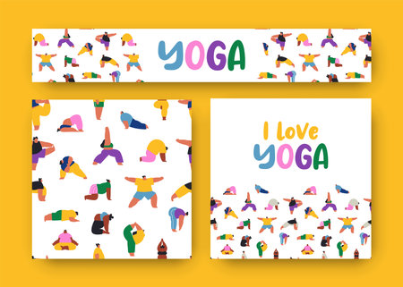 I love yoga banner illustration set with seamless pattern for healthy lifestyle or leisure activity concept. Diverse young people group doing exercise poses, funny fitness crowd background cartoon.のイラスト素材