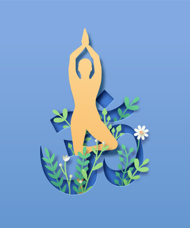 Papercut om sign shape with realistic 3d plants and paper craft woman doing tree yoga pose. Traditional indian culture concept for natural fitness lifestyle or spiritual connection.のイラスト素材