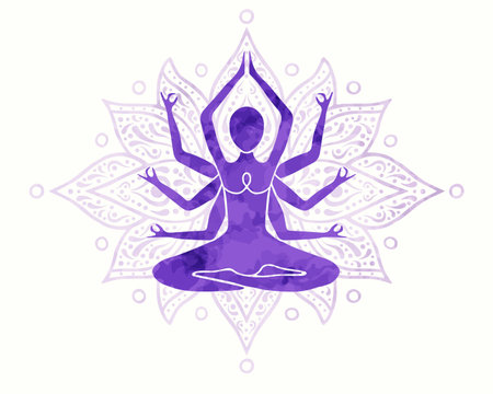 Woman body doing lotus yoga pose meditation with colorful watercolor texture on isolated white...
