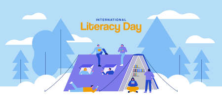 International Literacy Day illustration of young people group reading books together inside outdoor open book camping tent. Modern flat cartoon, college student or education business teamwork design.のイラスト素材