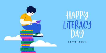 Happy Literacy Day greeting card illustration of young boy kid reading books in sky. School education imagination concept for september 8 holiday event.のイラスト素材