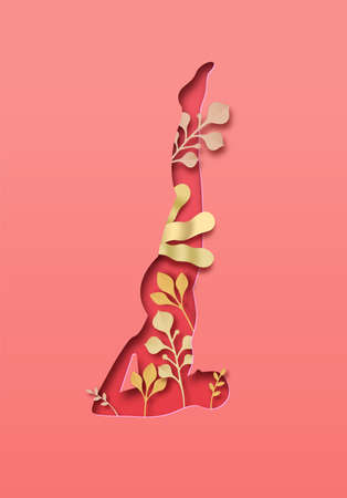 Woman body silhouette doing yoga shoulder stand pose. Healthy fitness lifestyle concept with nature leaf decoration. Asana meditation for wellness.のイラスト素材