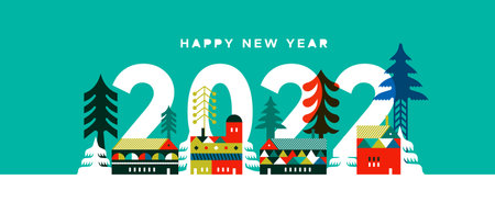 Happy New Year 2022 greeting card illustration, modern winter village in flat geometric scandinavian...