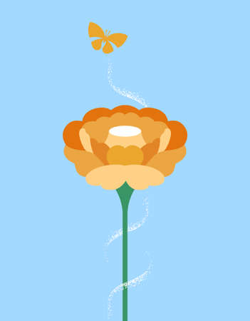 Nature scene illustration, big open spring flower and butterfly flying on blue sky background. Modern flat cartoon design for environment or seasonal concept.のイラスト素材