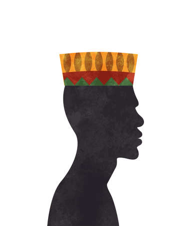African culture man with traditional kufi hat in watercolor painting texture. Black africa boy face silhouette on isolated background.のイラスト素材