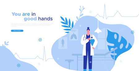 Medical consultation web template illustration of woman doctor in her office for hospital landing page or modern clinic campaign. Medicine care, reliable healthcare concept with copy space.のイラスト素材