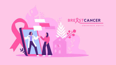 Breast Cancer awareness month greeting card illustration of woman doctor visiting patient house on modern smart phone app screen. Medical care concept for october support event.のイラスト素材