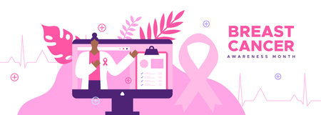 Breast Cancer awareness month web banner illustration of woman doctor on modern computer app screen with pink ribbon decoration. Medical care concept for october support event.のイラスト素材
