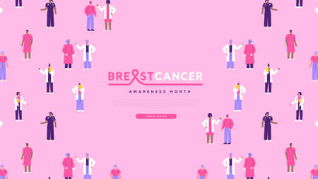 Breast Cancer Awareness Month web template illustration of diverse hospital doctor and nurse staff wearing pink ribbon with copy space for october women health event.のイラスト素材