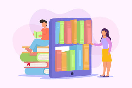 Man and woman student team reading books in phone app, flat cartoon illustration. Online learning or e-book library education concept on isolated white background.のイラスト素材