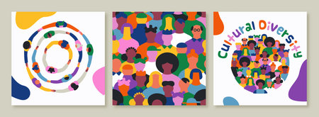 Diverse people banner illustration collection with social crowd seamless pattern. Colorful ethnic...