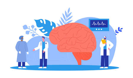 Doctor people team doing medical study or science research on human brain. Neurology specialist concept. Isolated psychology therapy illustration in modern flat cartoon style.のイラスト素材