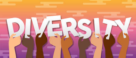 Ethnic people hands together holding diversity text quote typography sign. Diverse cartoon team illustration for business or community equality.のイラスト素材