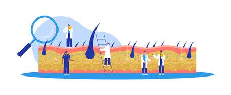 Dermatologist doctor team doing medicine study or science research on human skin. Hair loss specialist concept. Isolated medical illustration in modern flat cartoon style.のイラスト素材