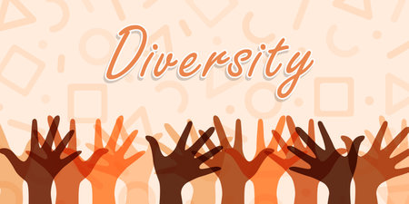 Diversity text quote typography sign with ethnic people hands raised up together. Diverse cartoon team illustration for business or community equality.のイラスト素材