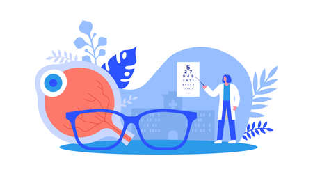 Optometrist doctor woman doing medical study or science research on human eye. Ophthalmology specialist concept. Isolated vision exam illustration in modern flat cartoon style.のイラスト素材