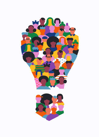 Big group of people faces together making light bulb lamp shape. Colorful diverse friend team work concept, business teamwork solution or new idea cartoon on isolated background.のイラスト素材