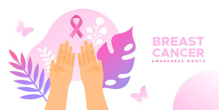Breast Cancer Awareness Month greeting card illustration of woman hands holding pink ribbon with tropical plant leaf and butterfly decoration.のイラスト素材
