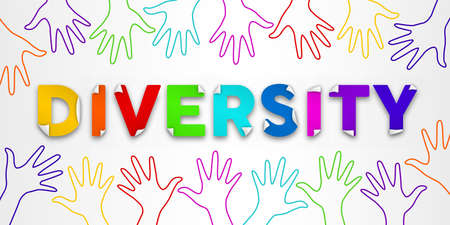 Diversity text quote typography sign with colorful people hands raised up together. Diverse cartoon team illustration for business or community equality.のイラスト素材