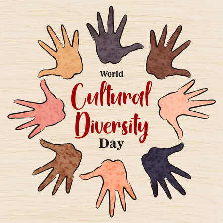 World Cultural Diversity Day greeting card illustration of diverse people hands from different cultures raised up together for teamwork concept.のイラスト素材