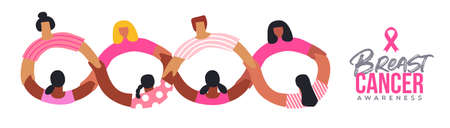 Breast Cancer Awareness month web banner illustration of pink women friend group holding hands together for woman health support. Female family or friends united, october campaign event.のイラスト素材