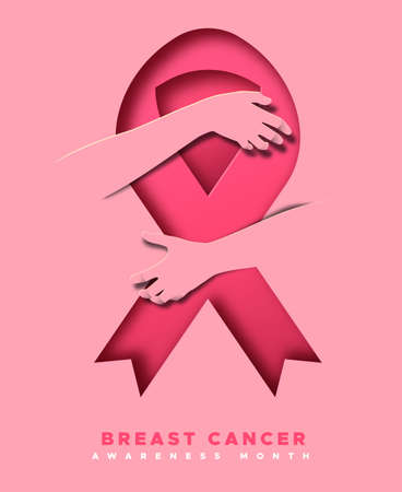 Breast Cancer awareness month web banner illustration of two women hands hugging pink ribbon. Woman health care help teamwork concept for october event.のイラスト素材