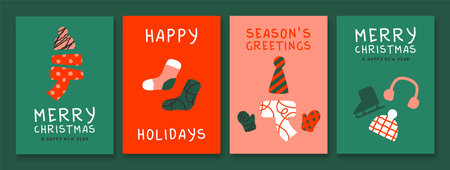Merry Christmas Happy New Year greeting card illustration set. Colorful festive xmas clothes and...