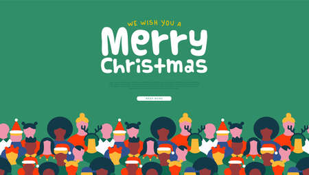Merry Christmas web template illustration of diverse festive people crowd wearing xmas clothes and holiday decoration. Winter celebration event background for landing page.のイラスト素材