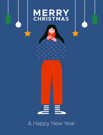 Merry Christmas and Happy New Year greeting card illustration. Woman holding xmas gift box in abstract flat cartoon style with festive ornament. Girl opening present for winter holiday event.のイラスト素材