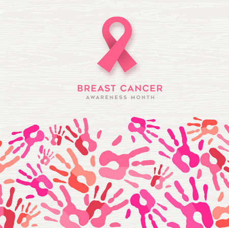 Breast Cancer Awareness Month greeting card illustration of diverse pink women hand print shapes together for teamwork and solidarity to disease survivors.のイラスト素材