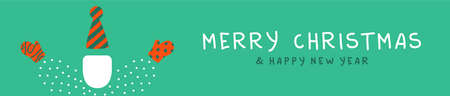 Merry Christmas Happy New Year web banner illustration of funny santa claus character in winter clothing. Retro cartoon style card for holiday event or party invitation.のイラスト素材