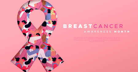 Breast Cancer Awareness illustration for support and health care. Pink ribbon paper cut with diverse people group inside. Disease prevention campaign or women health care concept.のイラスト素材