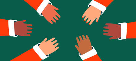 Diverse christmas people hands together in modern flat cartoon style. Isolated group hand illustration with copy space for holiday friendship celebration or teamwork help concept.のイラスト素材