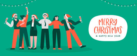 Merry Christmas Happy New Year greeting card illustration of business people team hugging together with santa claus hats. Diverse men and women office group characters drinking champagne.のイラスト素材