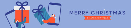 Merry Christmas Happy New Year web banner illustration of man and woman friends swapping gifts on mobile phone. Modern flat cartoon design for online friendship celebration event.のイラスト素材