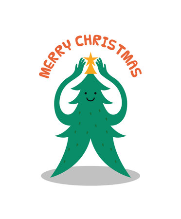 Merry Christmas greeting card illustration of cute xmas pine tree cartoon character with star ornament in simple children doodle style. Happy holiday design for winter celebration event.のイラスト素材
